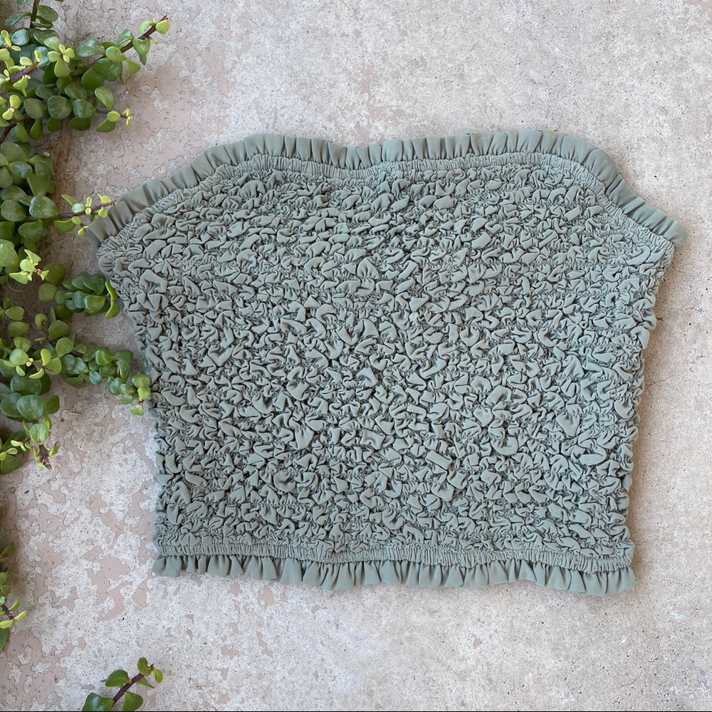 Ramy Brook Smocked Popcorn Stretch Tube Top in Olive, Fits a Large - Picture 2 of 4